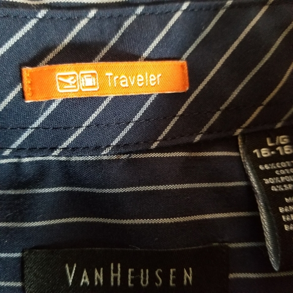 VAN HEUSEN TRAVELER CLASSIC FIT NAVY WITH LIGHT BLUE AND SILVER STRIPES SIZE L - Picture 4 of 7